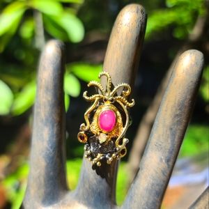 Star Ruby Opal & Garnet sterling rhodium & gold ring sz7
